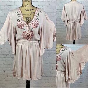 Love Dusty Rose Crinkly Embroidered Bell Sleeve Dress